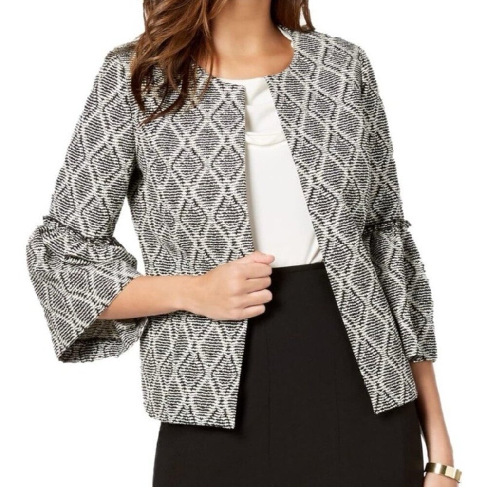 Kasper Suit Jacket Blazer 16 Black White Diamond Classic Open Stretch